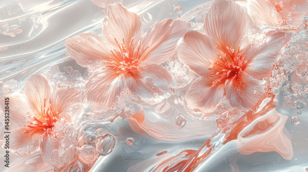 Aufkleber delicate pink petal patterns cascade in a realistic 4k 3d background, creating a mesmerizing and ele