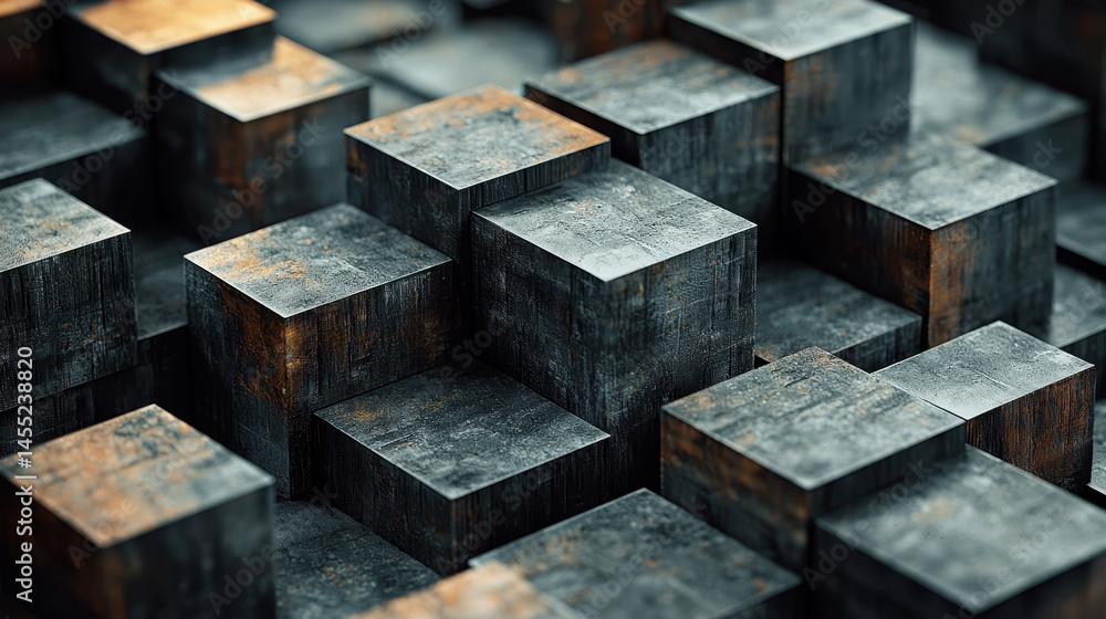 Poster 4k realistic side angle view of creatively arranged 3d cube background art evokes depth and texture,