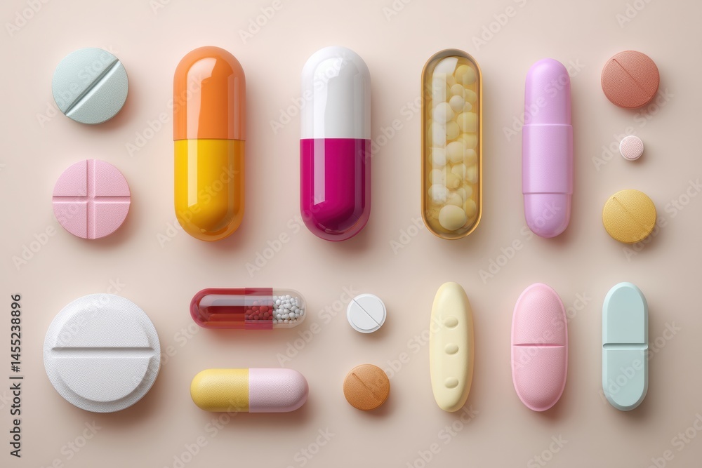 Fototapete exploring various pill shapes and their uses in a detailed medical infographic layout generative ai