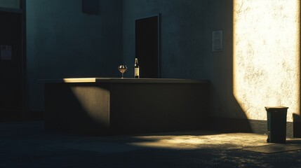 Sunlit interior scene of an abandoned, dimly lit bar.