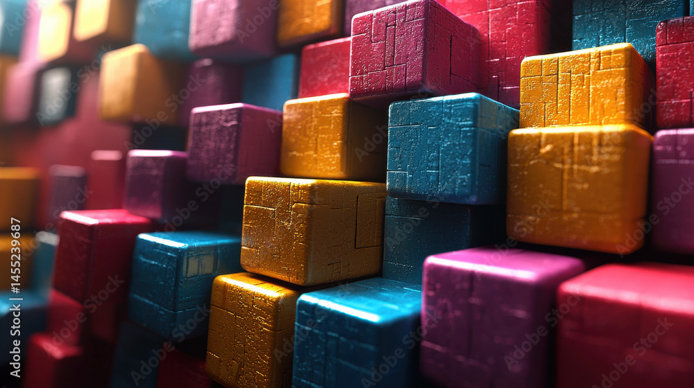 Poster a vibrant 3d background showcases a striking color combination of realistic textured cubes stacked a