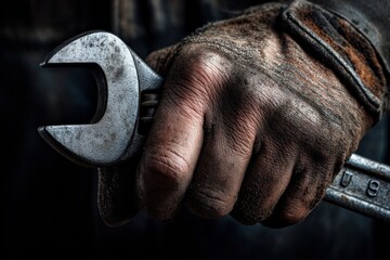 Close-up of a weathered hand gripping a wrench, showcasing the hard work and dedication of a skilled worker.