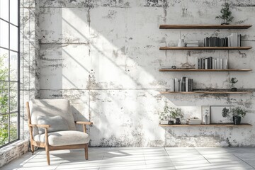 Modern, industrial interior design showcasing a comfortable armchair.