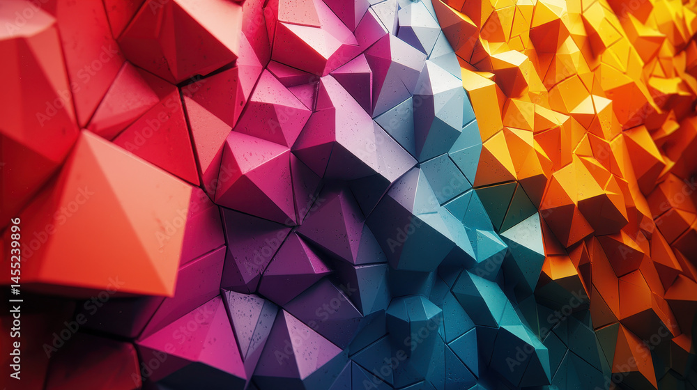 Poster a vibrant 4k background showcases realistic 3d colorful shapes, with a captivating side angle view, 