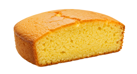 A close up view of a slice of cornbread with a golden crust isolated on a black background space