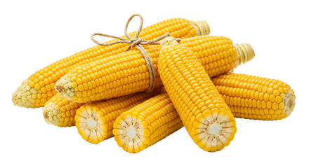 A pile of yellow corn cobs tied with a brown string on a black background in a studio shot view