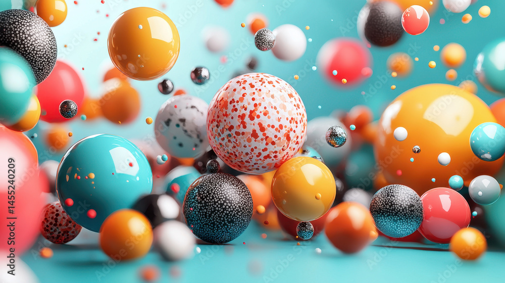 Poster a vibrant 3d background featu colorful geometric spheres in a realistic 4k resolution, angled to the