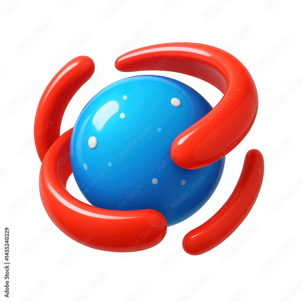 Aufkleber a glossy blue sphere dotted with white is dynamically enveloped by four smooth, vibrant red curving 