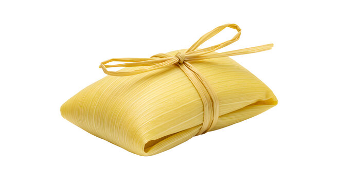 A single yellow tamale wrapped in corn husk and tied with a straw string on a black background space