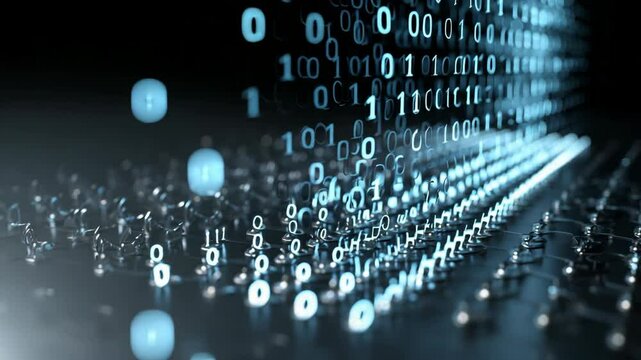 Abstract binary code flow with zero and one digits cascading down onto a circuit board, conveying futuristic tech.