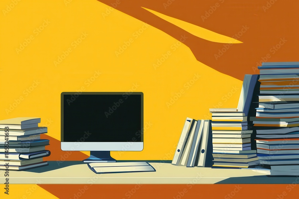 Poster a modern workspace with a computer surrounded by stacks of books and files against a vibrant yellow 