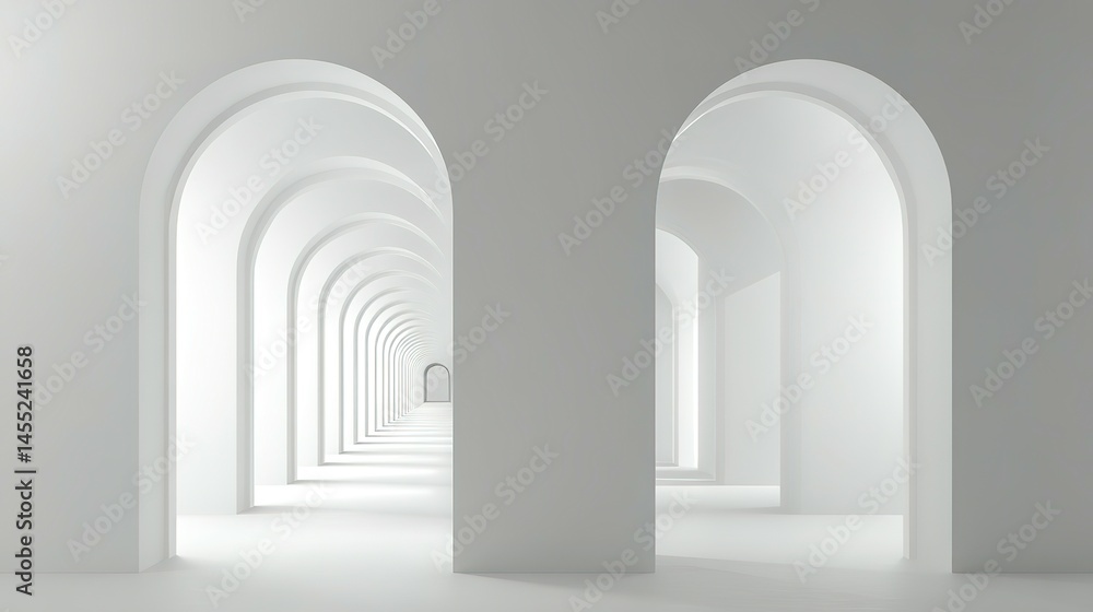 Poster Empty, white arched corridor extending into a bright, distant space.
