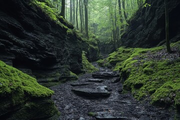 Narrow forest canyon with rocky walls and dense green foliage under soft daylight