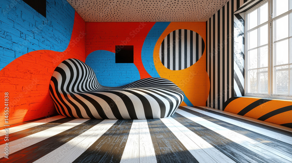 Poster a bold 3d background with realistic patterns and side angle, showing a striped couch in a vibrant ro