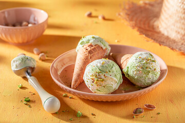 Fresh and tasty pistachio ice cream as a summer dessert.