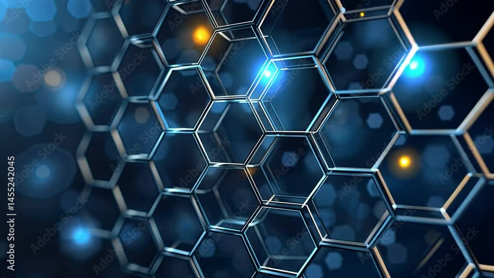 Poster futuristic hexagonal pattern glowing blue structure showcasing depth, innovation, and interplay of t