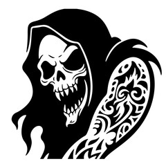 Grim Reaper skull with tribal tattoo sleeve, black and white vector art. Fierce, dark, gothic style illustration.