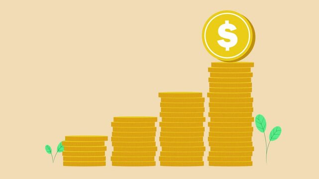 Gold coins stacked finance growth - 2d animation vector illustration 4k clip video footage 