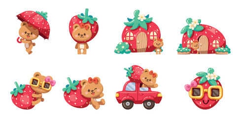 Set of cute element cartoon illustration, strawberry and little bear. A kawaii cartoon characters combine. Idea for print, cartoon, card, decoration and sticker.