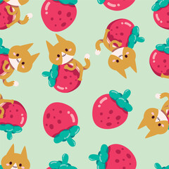 Seamless pattern cartoon of little fox with big strawberries. It is a kawaii character cartoon. Pattern design for wrapping paper, wallpaper and fashion prints.