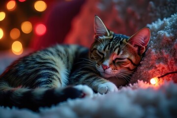 Fototapeta premium Furry feline naps on plush couch amidst twinkling Christmas lights , pet, Christmas decorations