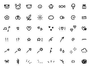 手書きの飾りイラストのベクターイラストセット。手描き、集中線、矢印、お菓子、動物、ハート、星