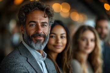 Obraz premium Group of diverse people smiling indoors looking at the camera in an office.