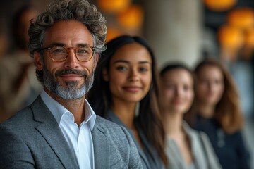 A group of diverse business people stand smiling indoors wearing business attire.