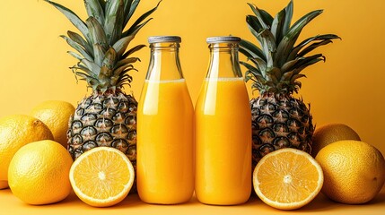 Fresh pineapple orange juice in glass bottles with whole and sliced fruit, vibrant yellow background, healthy and refreshing