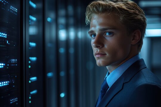 Man in suit stands near server rack with glowing blue lights and text.