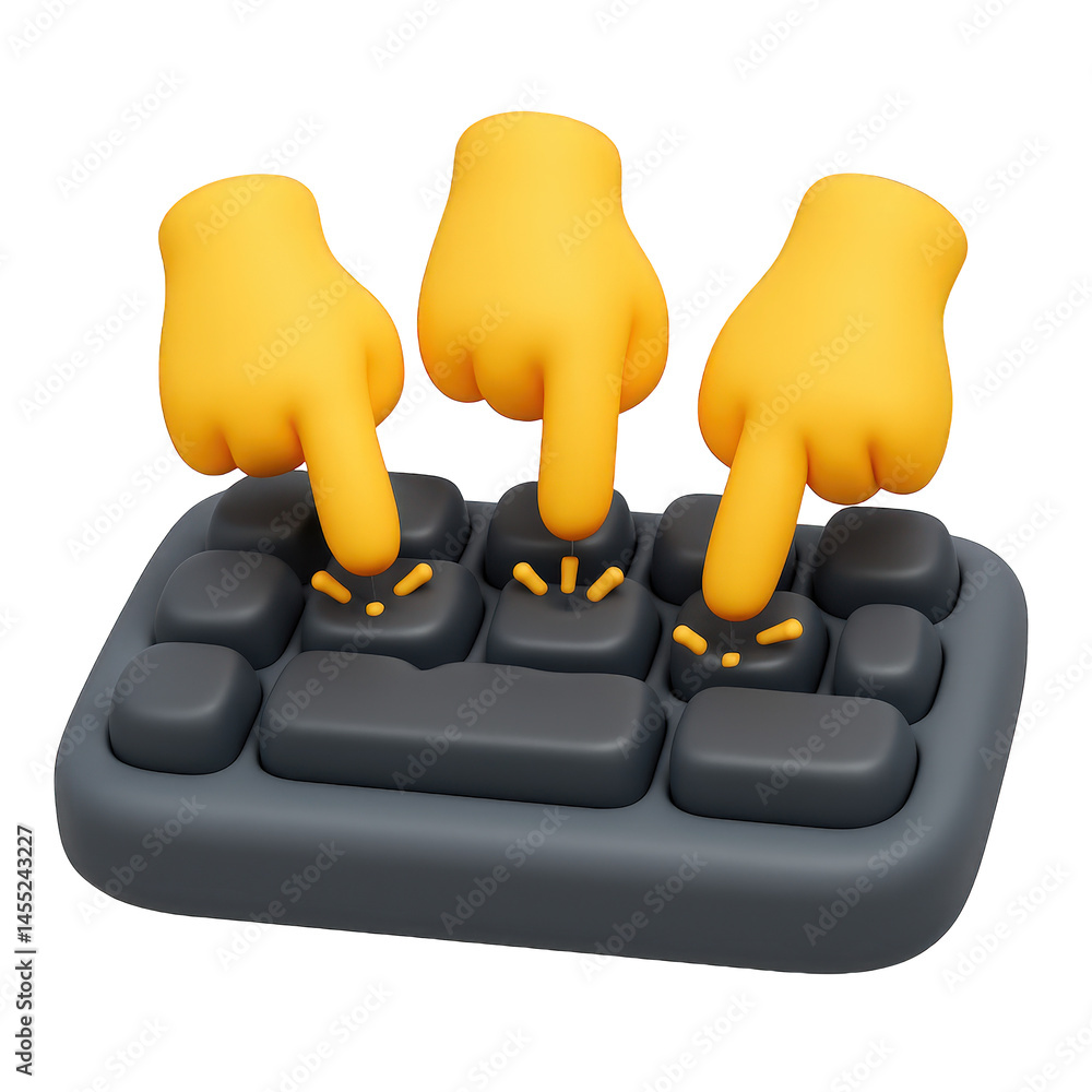 Poster collaborative input three friendly 3d hands press illuminated keys on a minimalist grey keyboard des