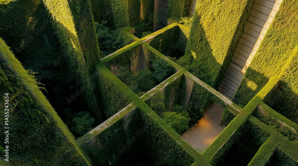 Poster an aerial view of a garden maze with supporting structures.