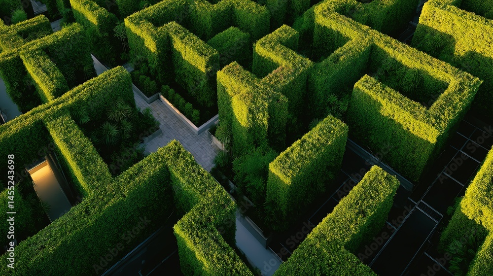 Poster lush green hedges form a complex maze pattern.