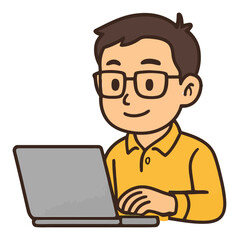 Young Man Working on Laptop with Smiling Expression and Glasses