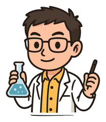 Cartoon Scientist with Flask and Pen Displaying Excitement in Lab