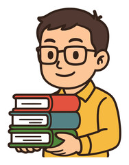 Young boy smiling while holding a stack of colorful books