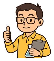 Happy Scientist with Clip Board and Flask Giving Thumbs Up Gesture