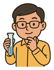 Young Scientist Holding Test Tube with Blue Liquid and Smiling