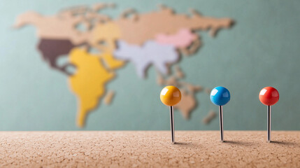 Close-Up of Pushpins on World Map Over Corkboard for Travel Planning