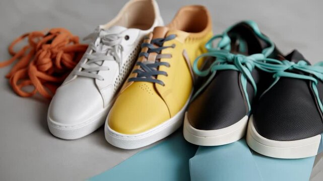 A closeup of a pair of shoes with interchangeable parts showcasing different colors and styles that can be easily swapped out.