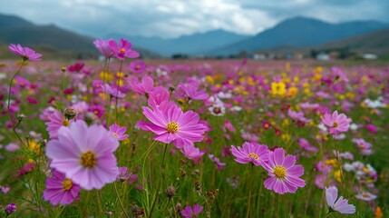 Obraz premium Vibrant cosmos flowers field under a cloudy sky.