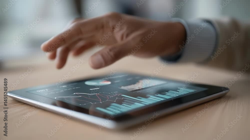 Poster a closeup shot of a hand interacting with a digital tablet displaying a captivating visual represent