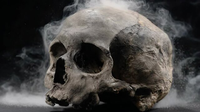 Creepy human skull enveloped in smoke on a black background, close-up view of the eye socket and bone structure showing texture and detail.