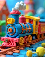 train, with chunky, colorful sculpted forms, fingerprint textures, and a cheerful, childlike energy. Mimic the visual feel of a stop-motion clay cartoon.