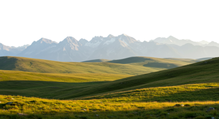Green Hills Landscape with Distant Snowy Mountain Peaks
