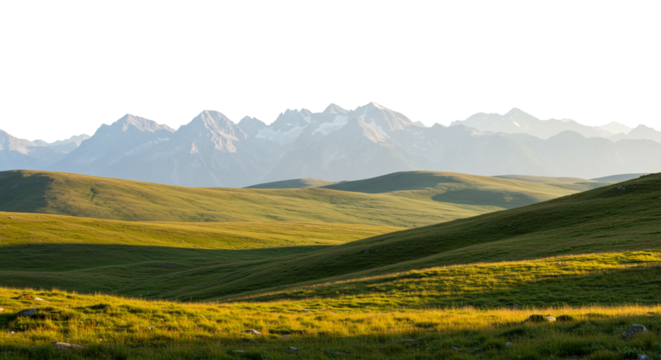 Green Hills Landscape with Distant Snowy Mountain Peaks