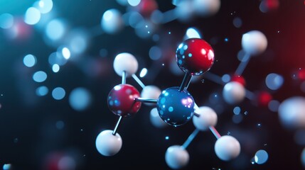 Molecular structure,  red, blue, and white spheres bonded with lines. Abstract image of atoms and molecules in motion
