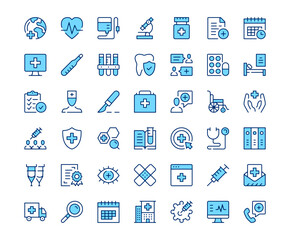 Medicine icons. Vector line icon set. Modern outline design. Blue concept