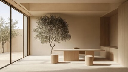 Light-filled, minimalist interior with a wooden table and olive tree.