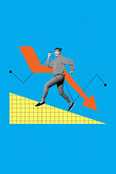 Sketch poster zine collage of puzzled girl guy receive arrow decline recession bankruptcy problem crisis inflation economy loss